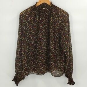 GAP Women's Blouse Large Sheer Floral Black Print Mock Stretch